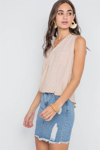 Taupe Surplice Neck Button Front Sleeveless Top