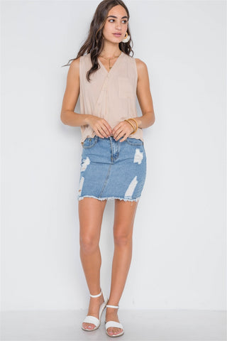 Taupe Surplice Neck Button Front Sleeveless Top