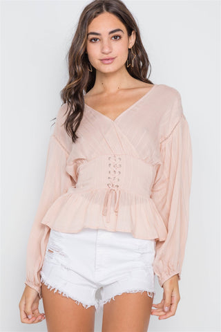 Blush Long Sleeve Lace Up Surplice Neck Top