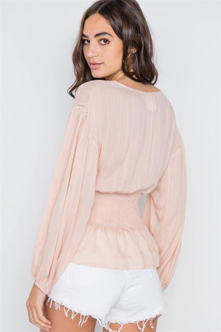 Blush Long Sleeve Lace Up Surplice Neck Top