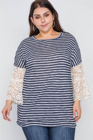 Plus Size Navy Taupe Stripe Lace Sleeves Knit Top