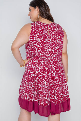Plus Size Red White Floral Sleeveless Boho Dress