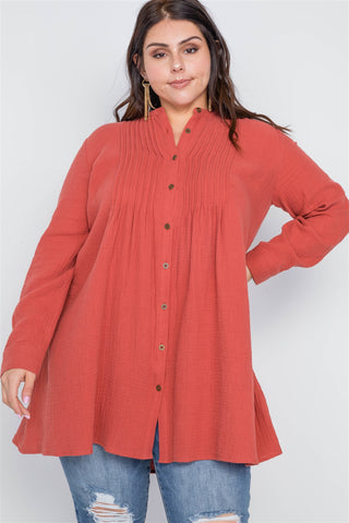 Plus Size Brick Button Down Long Sleeve Shirt Dress