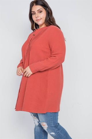 Plus Size Brick Button Down Long Sleeve Shirt Dress