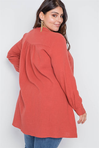 Plus Size Brick Button Down Long Sleeve Shirt Dress