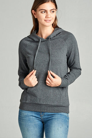 Long Sleeve Pullover French Terry Hoodie Top W/ Kangaroo Pocket