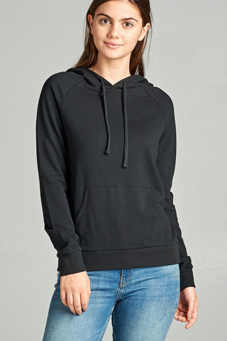 Long Sleeve Pullover French Terry Hoodie Top W/ Kangaroo Pocket