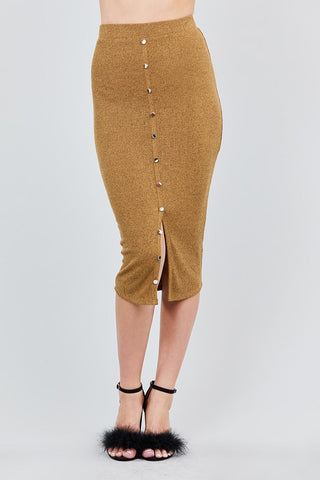 Front Button Down Detail Tow Tone Knit Midi Skirts