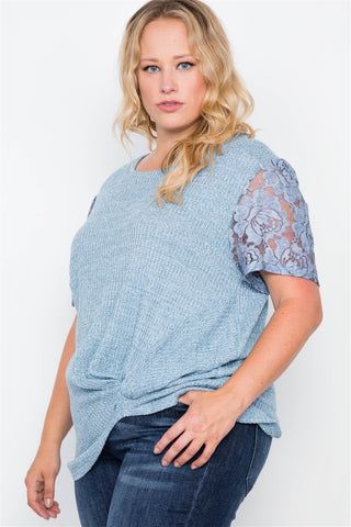 Plus Size Blue Short Lace Sleeves Knit Top