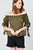 Bubble Sleeve W/bow Tie Off The Shoulder W/crochet Lace Cotton Woven Top