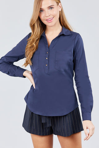 3/4 Roll Up Sleeve Front Two Pocket W/button Detail Stretch Shirt