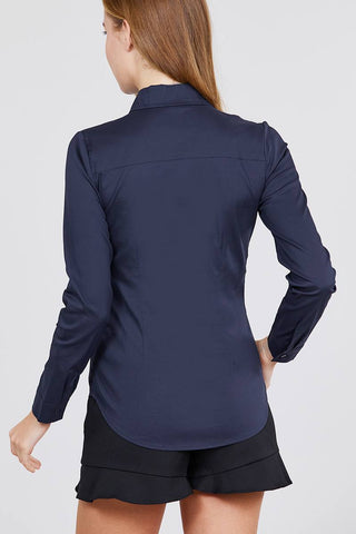 Long Sleeve Princess Line One Side Pocket Button Down Woven Shirts