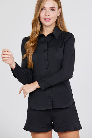 Long Sleeve Princess Line One Side Pocket Button Down Woven Shirts