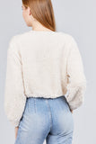 Long Dolman Sleeve Round Neck Toggle Elastic Hem Faux Fur Top