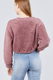 Long Dolman Sleeve Round Neck Toggle Elastic Hem Faux Fur Top