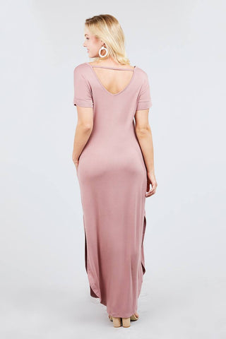 Short Dolman Sleeve Double V-neck W/side Pocket Rayon Spandex Side Slit Maxi Dress