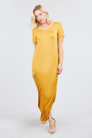 Short Dolman Sleeve Double V-neck W/side Pocket Rayon Spandex Side Slit Maxi Dress