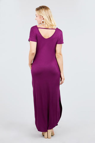 Short Dolman Sleeve Double V-neck W/side Pocket Rayon Spandex Side Slit Maxi Dress