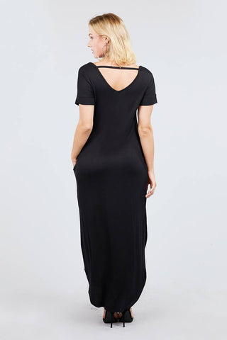 Short Dolman Sleeve Double V-neck W/side Pocket Rayon Spandex Side Slit Maxi Dress