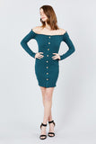 Long Sleeve Button Down Detail Off The Shoulder Cotton Spandex Heavy Rib Mini Dress