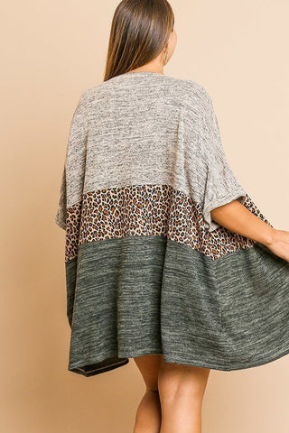 Short Sleeve Knit And Animal Print Color Blocked Open Front Kimono