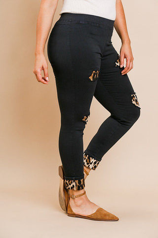 Skinny Pants With Animal Print Patches And Rolled Cuff Hem