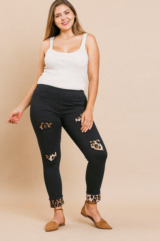 Skinny Pants With Animal Print Patches And Rolled Cuff Hem