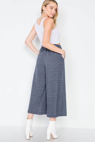 Knit Side Button Wide Leg Ankle Pants