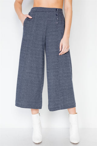 Knit Side Button Wide Leg Ankle Pants