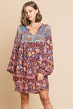 Floral Mixed Print Long Puff Sleeve Split Neck Dress