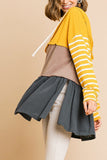 Striped Long Sleeve Color Blocked Hooded Tunic With Drawstring And Ruffle Hem