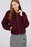 Long Sleeve Pouch Pocket W/collar Faux Fur Jacket