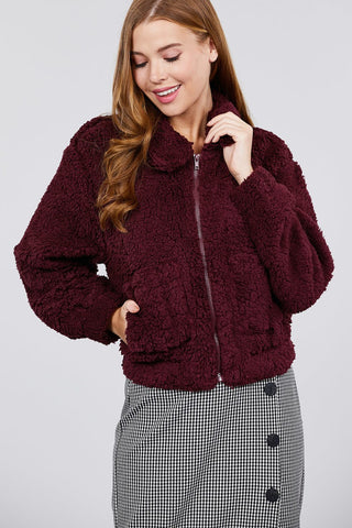 Long Sleeve Pouch Pocket W/collar Faux Fur Jacket