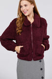 Long Sleeve Pouch Pocket W/collar Faux Fur Jacket