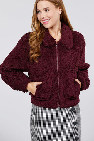 Long Sleeve Pouch Pocket W/collar Faux Fur Jacket