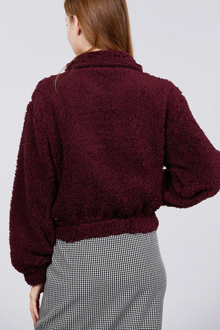 Long Sleeve Pouch Pocket W/collar Faux Fur Jacket