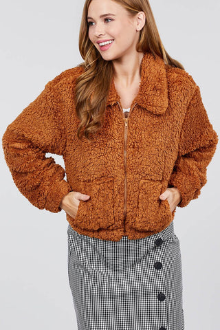 Long Sleeve Pouch Pocket W/collar Faux Fur Jacket