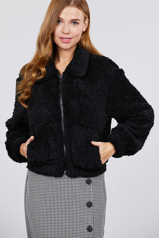 Long Sleeve Pouch Pocket W/collar Faux Fur Jacket