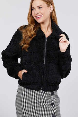 Long Sleeve Pouch Pocket W/collar Faux Fur Jacket
