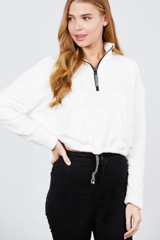 Long Dolman Sleeve Mock Neck W/zipper Detail Kangaroo Pocket Bottom W/stopper