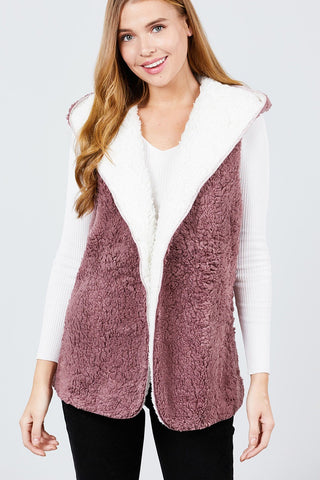 Open Front W/hoodie Faux Fur Reversible Vest