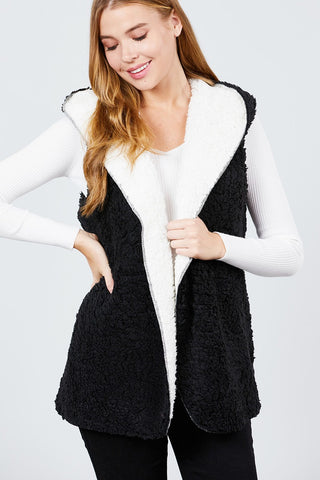 Open Front W/hoodie Faux Fur Reversible Vest