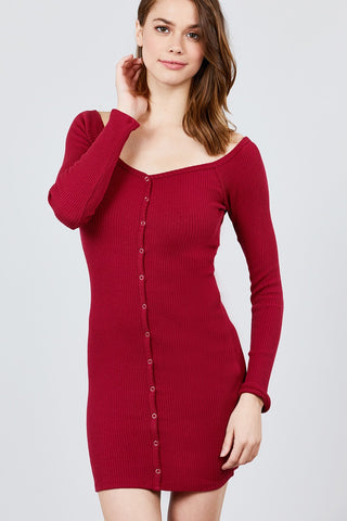 Long Sleeve Off The Shoulder Neckline Front Snap Button Detail Cotton Spandex Heavy Rib Mini Dress