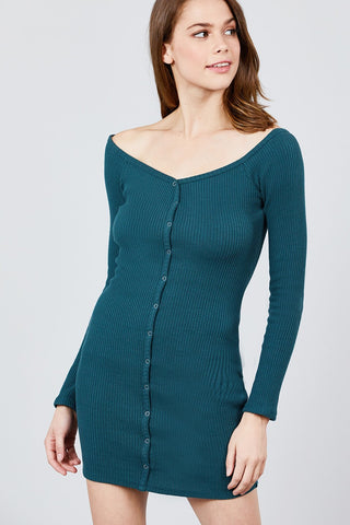 Long Sleeve Off The Shoulder Neckline Front Snap Button Detail Cotton Spandex Heavy Rib Mini Dress