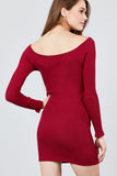 Long Sleeve Off The Shoulder Neckline Front Snap Button Detail Cotton Spandex Heavy Rib Mini Dress