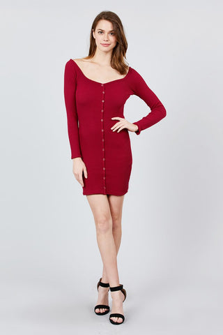 Long Sleeve Off The Shoulder Neckline Front Snap Button Detail Cotton Spandex Heavy Rib Mini Dress