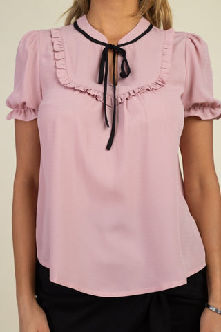Pussycat Bow Ruffle Trim Top
