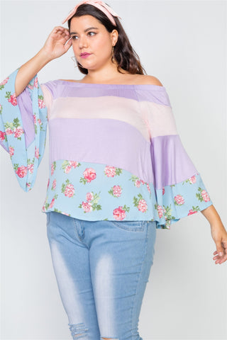Plus Size Off-the-shoulder Color Block Floral Top