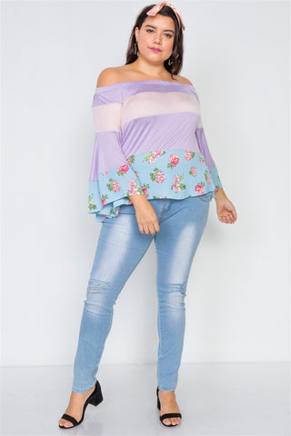Plus Size Off-the-shoulder Color Block Floral Top
