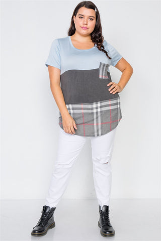Plus Size Charcoal Blue Casual Combo Knit Top